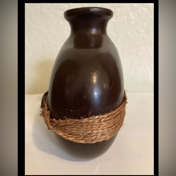 Vintage Dark Wooden Vase Ottoman Style Wood With Raffia & Metal Rings  6x6” - Picture 2 of 7